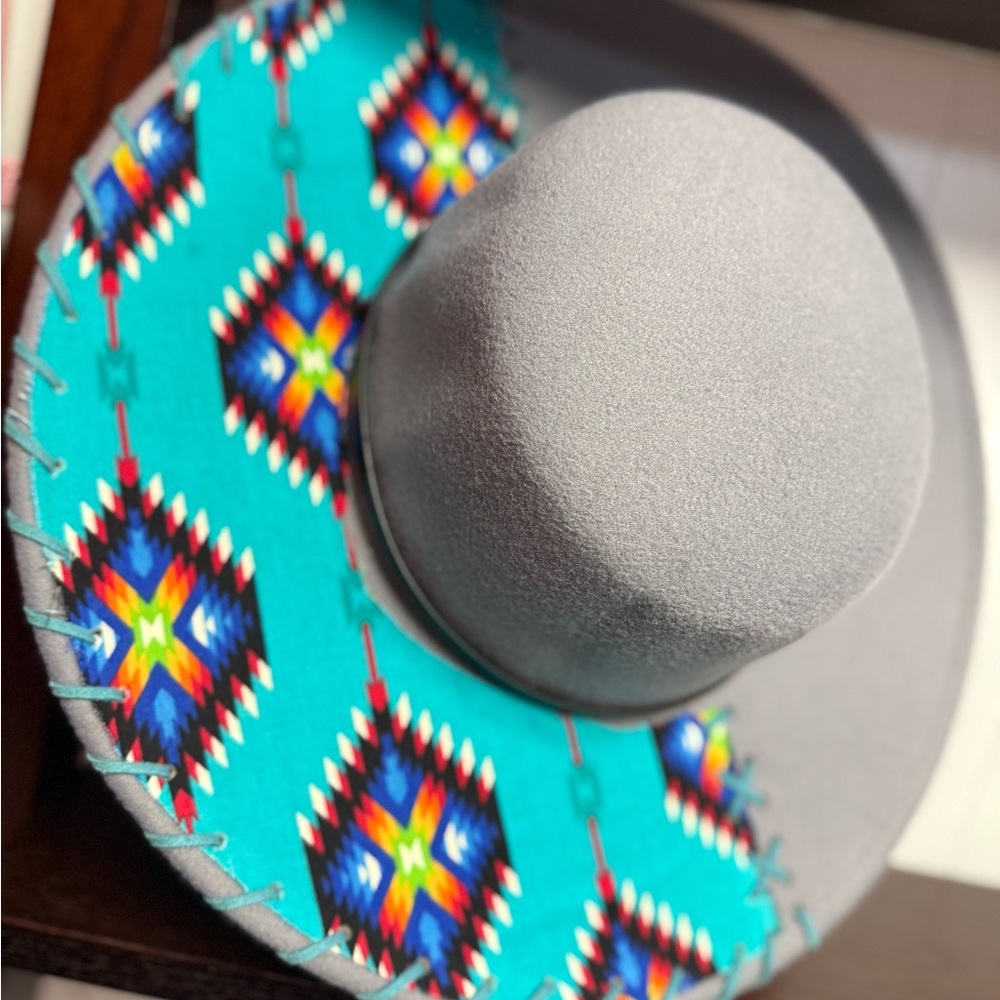 Gray Hat with Colorful Patterned Brim